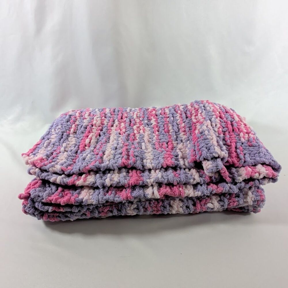 Handmade Crochet Baby Blanket Pink Lavender Plush Chenille 36x23